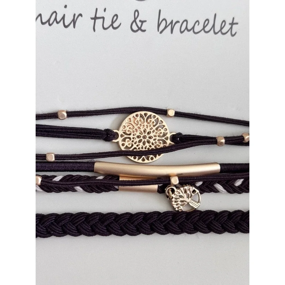 Boho Hair Tie Bracelet Set Brown Black Gold Tree of Life Mandala 2pk